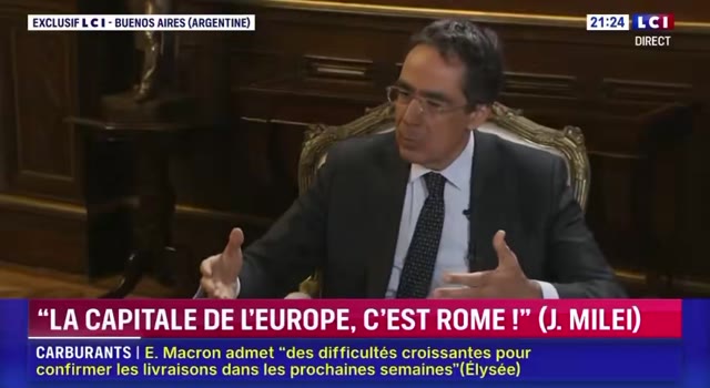 « Bruxelles incarne la décadence » : @Louis_Colbert2 cite Milei — le bandeau LCI dit « la capitale, c'est Rome »